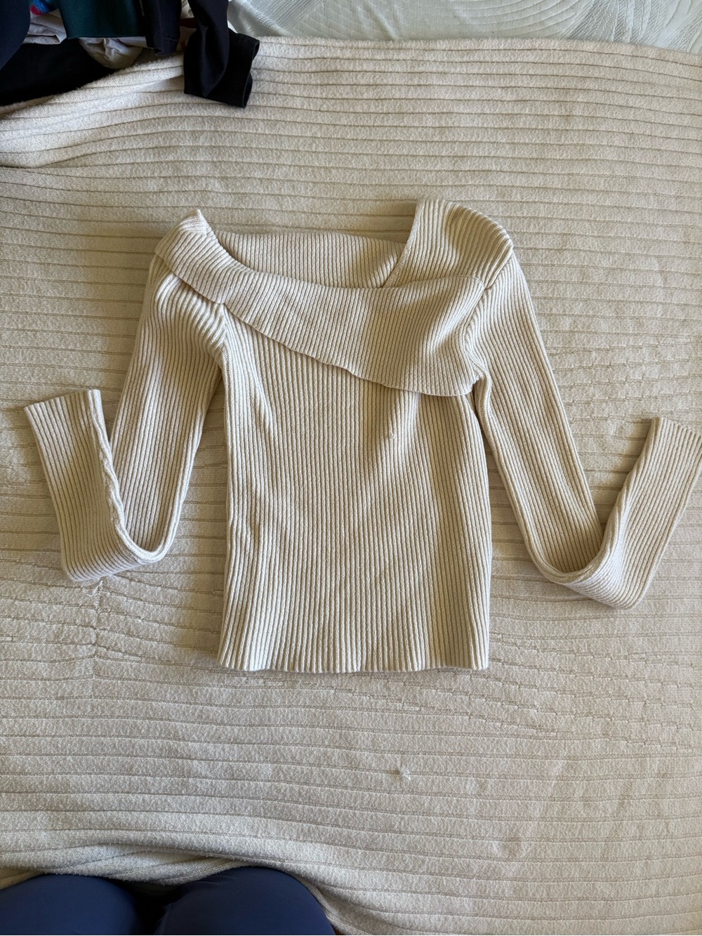 SHEIN Cream Ribbed Off-Shoulder Knit Top